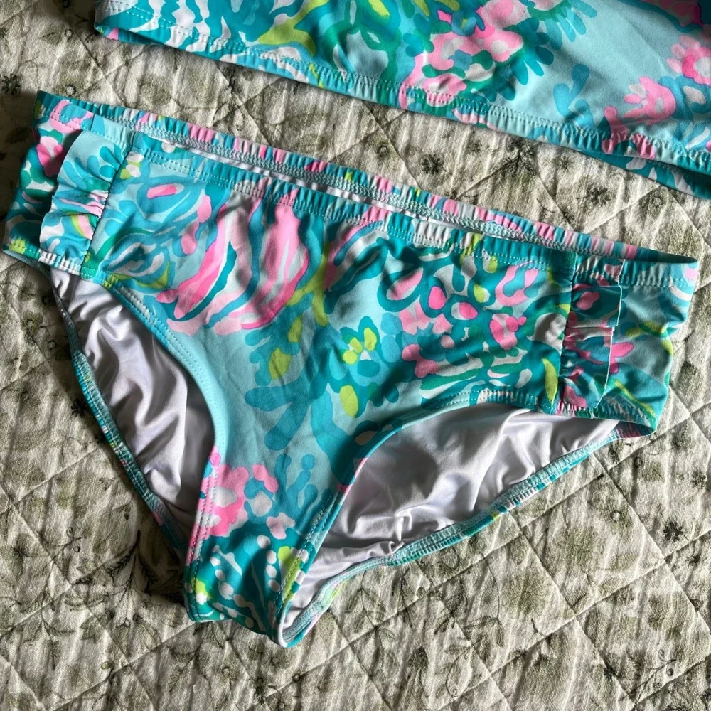Lilly Pulitzer Girls Size 12 Blue Pink Tropical Floral Ruffle Bikini 2 Piece Set